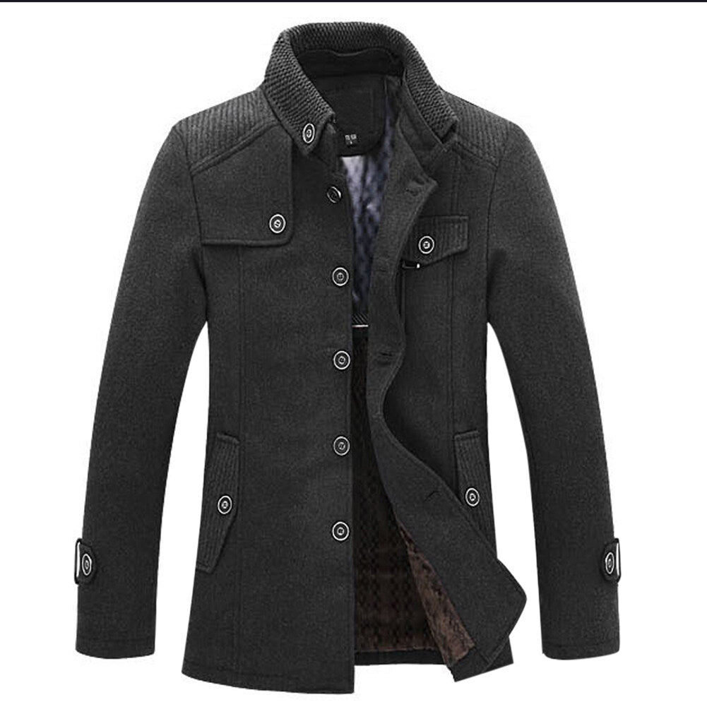 Youthup Mens Mid-Length Velvet Knitted Stand-Collar Fleece Wool Overcoat