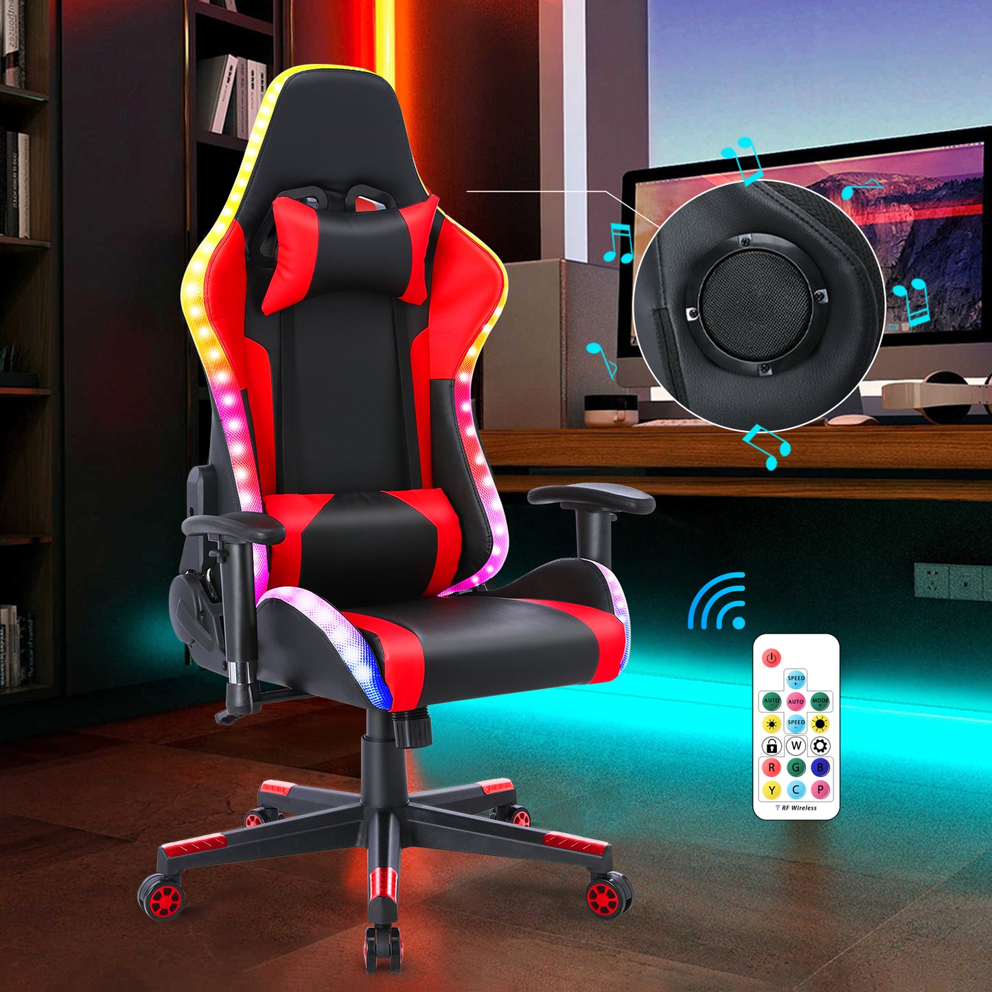 Chaise Gaming  avec  lumière LED et Bluetooth  Fauteuil Gamer avec  haut-parleurNoir et rouge