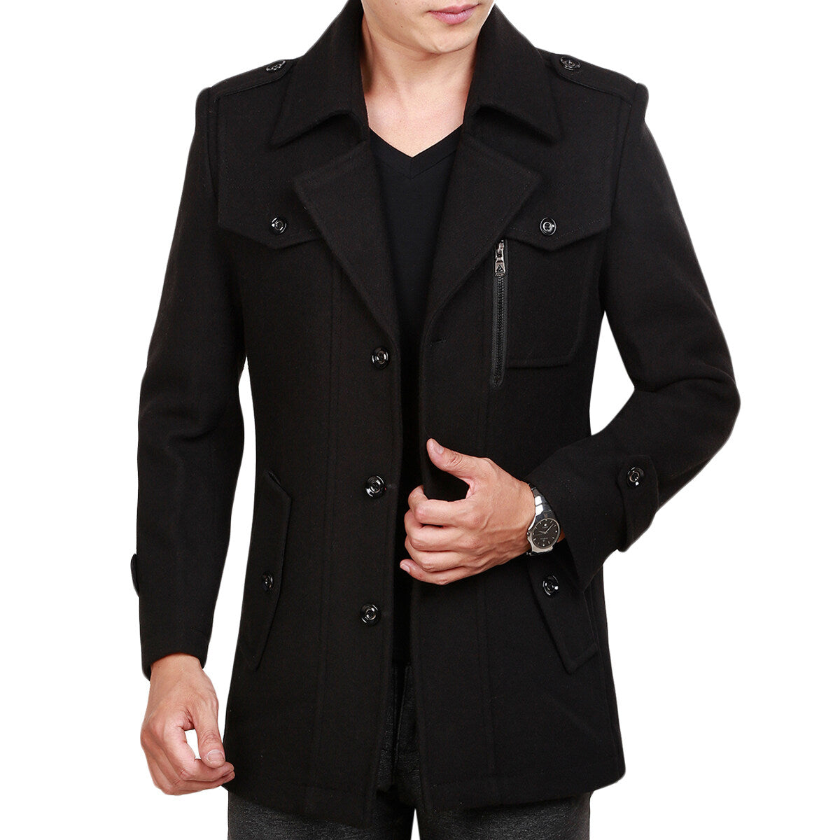 Youthup Mens Fake Two-Piece Neck Slim Fit Wool Pea Coat