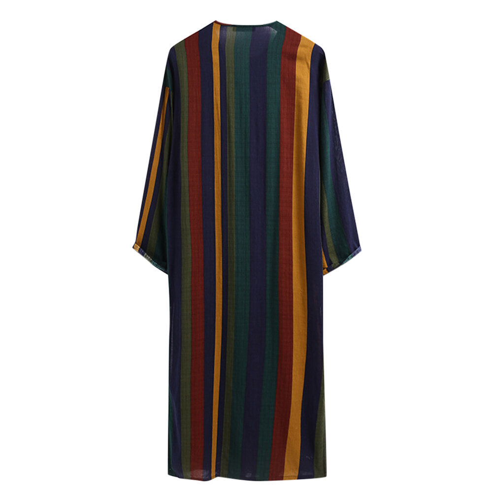 Youthup Mens Striped Color Block Robe Lightweight Cotton Long Nightdress