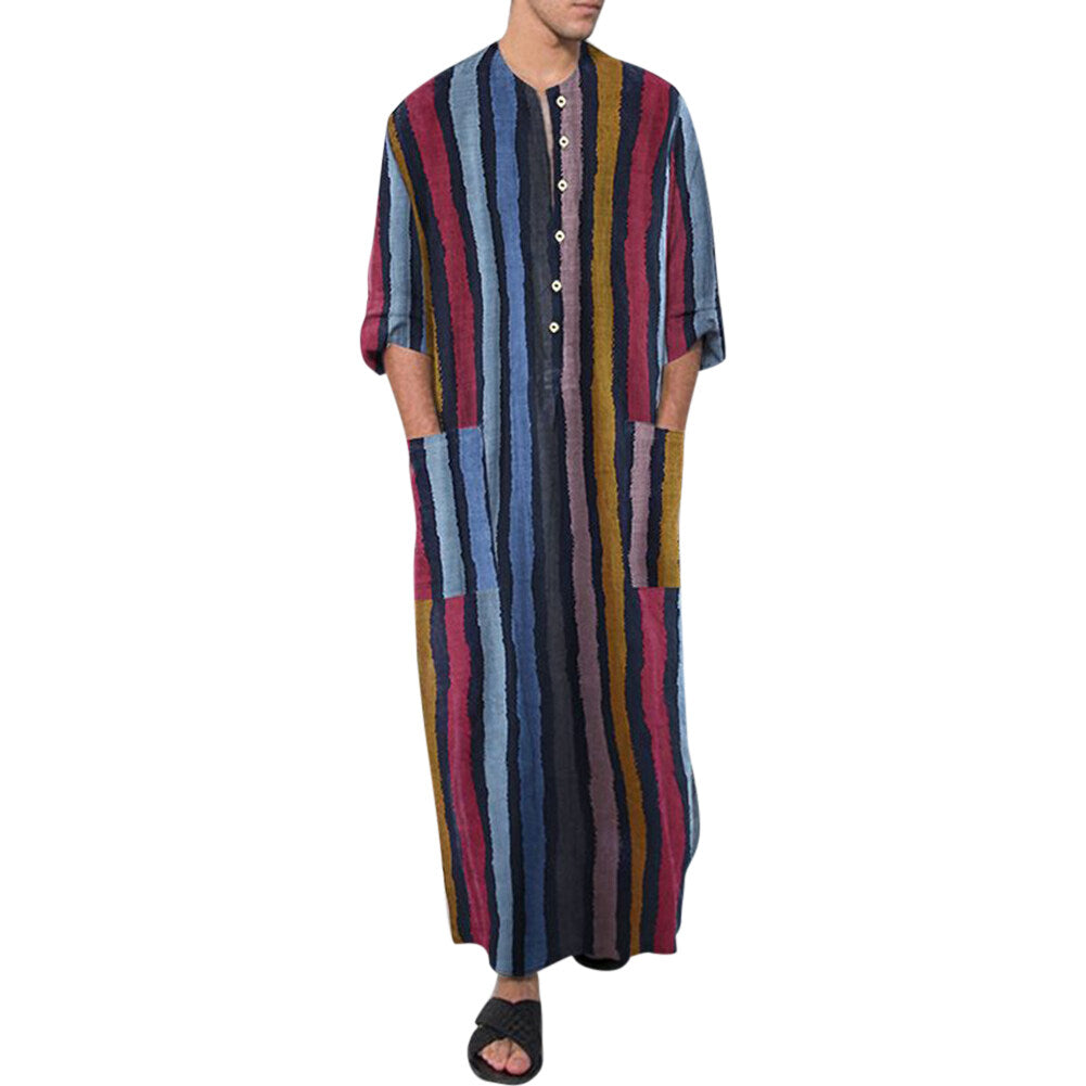 Youthup Mens Striped Color Block Robe Lightweight Cotton Long Nightdress