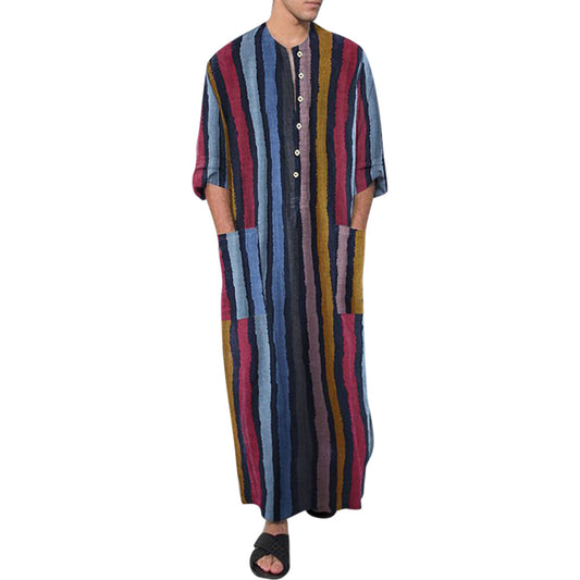 Youthup Mens Striped Color Block Robe Lightweight Cotton Long Nightdress