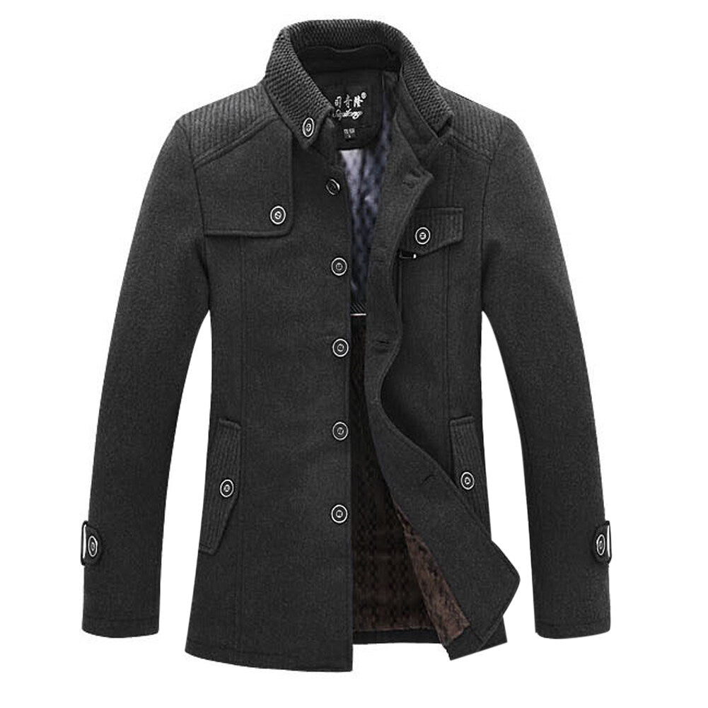 Youthup Mens Mid-Length Velvet Knitted Stand-Collar Fleece Wool Overcoat
