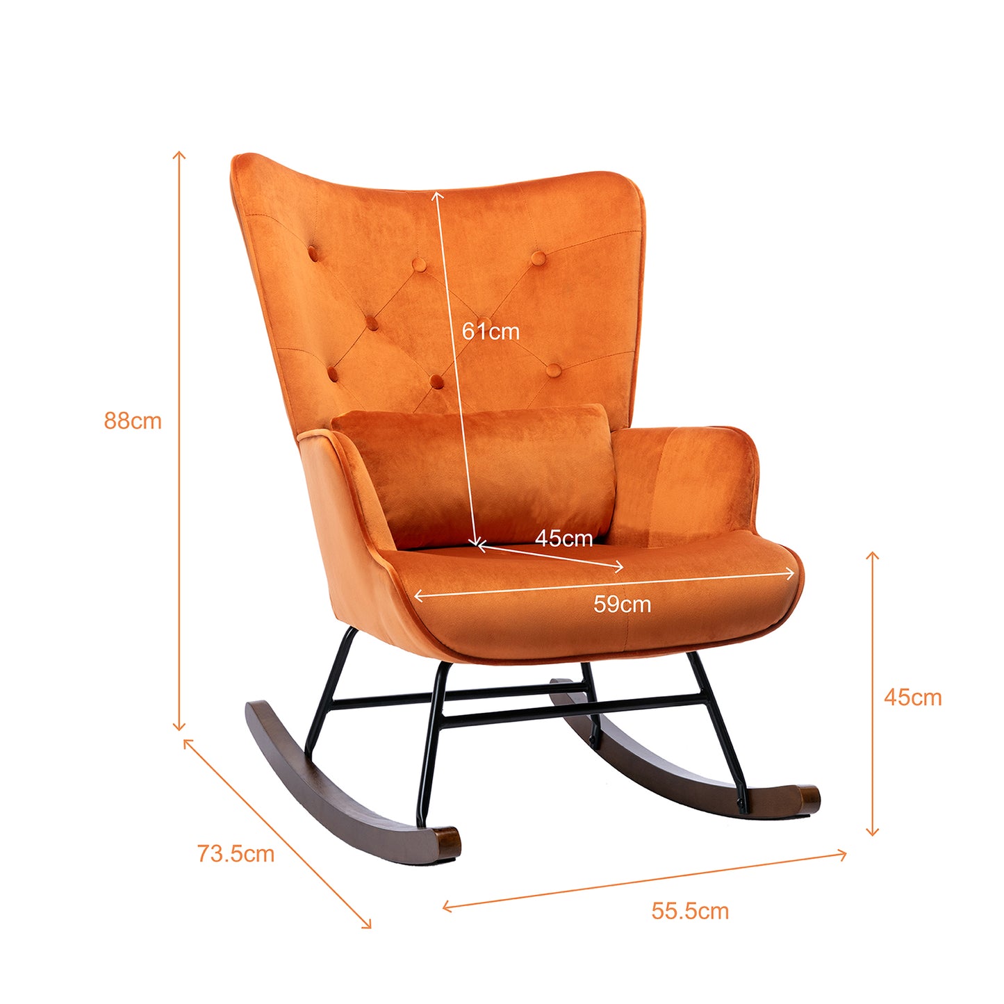 Fauteuil à Bascule  Rembourré en Velours Moderne  pour Salon, Chaise à Bascule à Dossier Haut avec Pieds en Bois, ORANGE