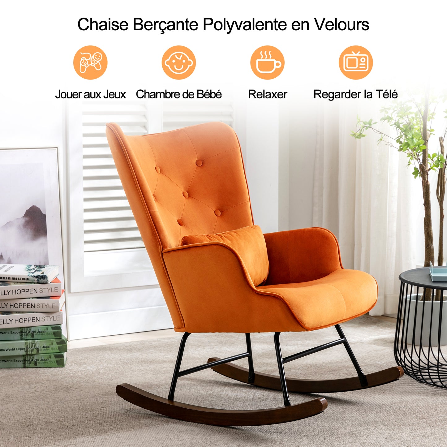 Fauteuil à Bascule  Rembourré en Velours Moderne  pour Salon, Chaise à Bascule à Dossier Haut avec Pieds en Bois, ORANGE