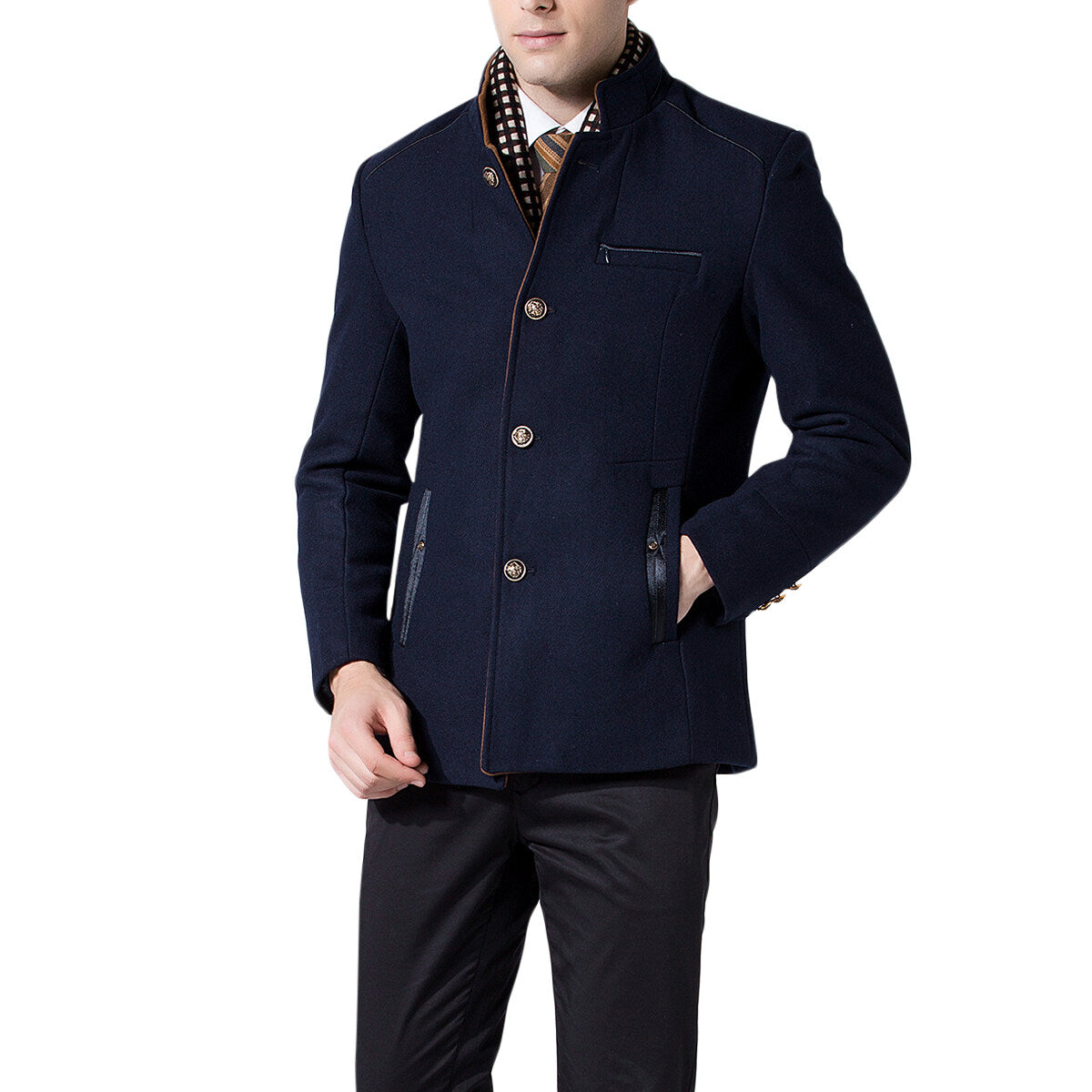 Youthup Mens Slim Fit Double Collar Wool Coat