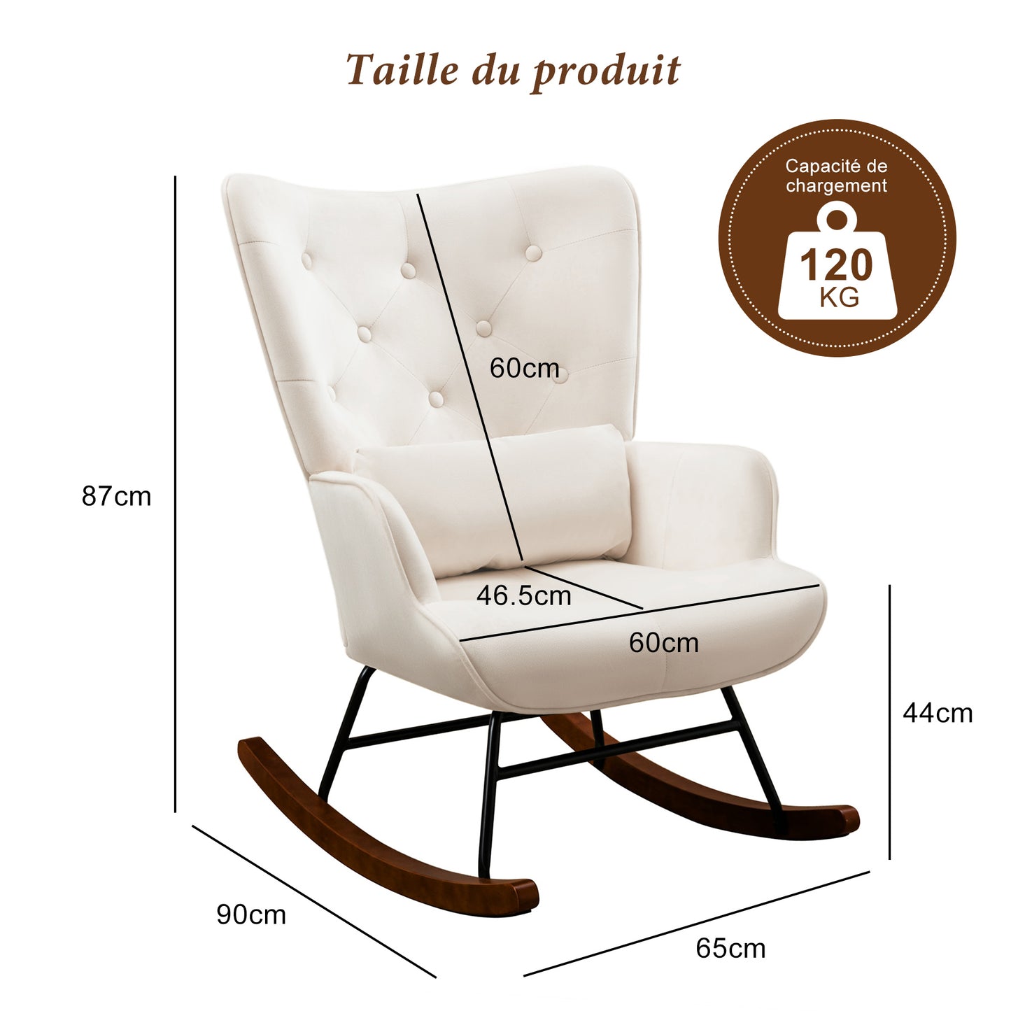 Fauteuil à Bascule  Rembourré en Velours Moderne  pour Salon, Chaise à Bascule à Dossier Haut avec Pieds en Bois, Beige