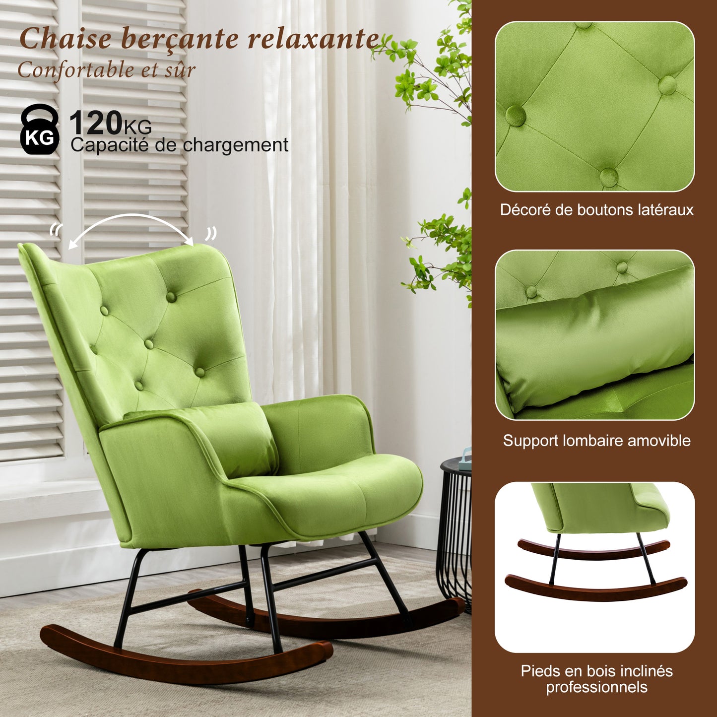 Fauteuil à Bascule  Rembourré en Velours Moderne  pour Salon, Chaise à Bascule à Dossier Haut avec Pieds en Bois, Vert gazon