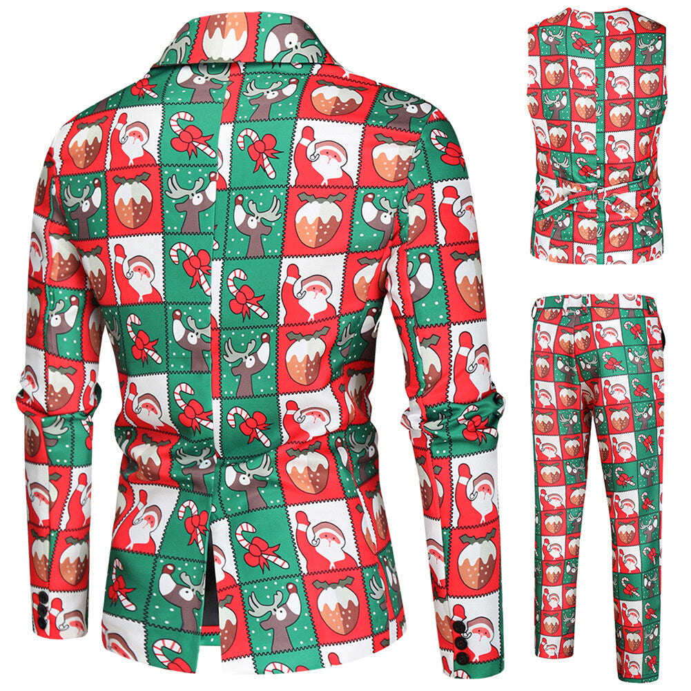 Youthup Mens Christmas 3Pce Suit Plaid Print Slim Fit Blazer Vest Trousers