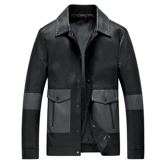 YOUTHUP Mens Colourblock Lapel Leather Jacket