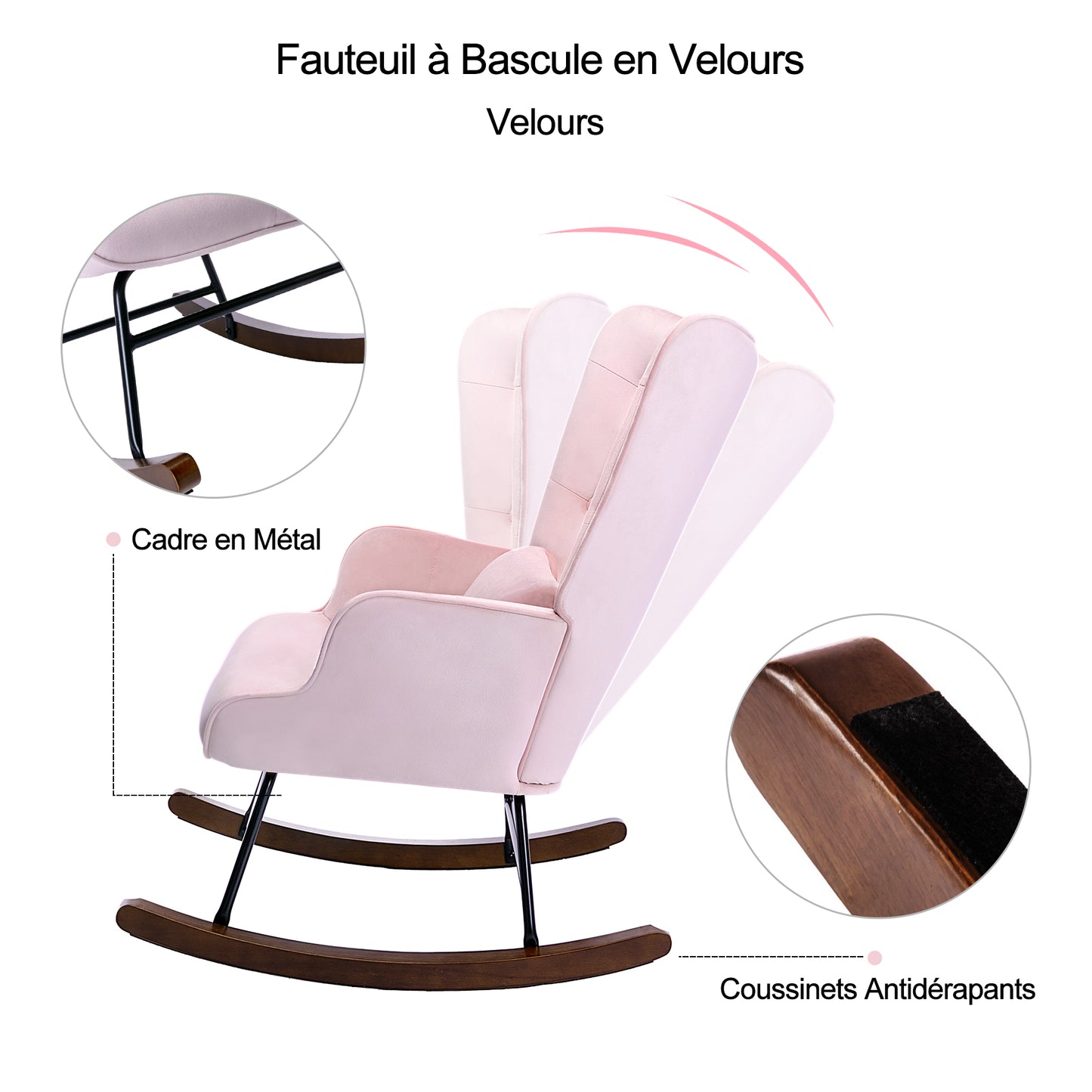 Fauteuil à Bascule  Rembourré en Velours Moderne  pour Salon, Chaise à Bascule à Dossier Haut avec Pieds en Bois, Rose