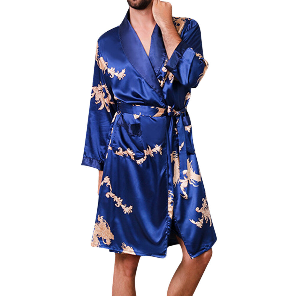 YOUTHUP Mens Dressing Gown 2 Piece Smooth Dragon Prints Belt Robe and Shorts