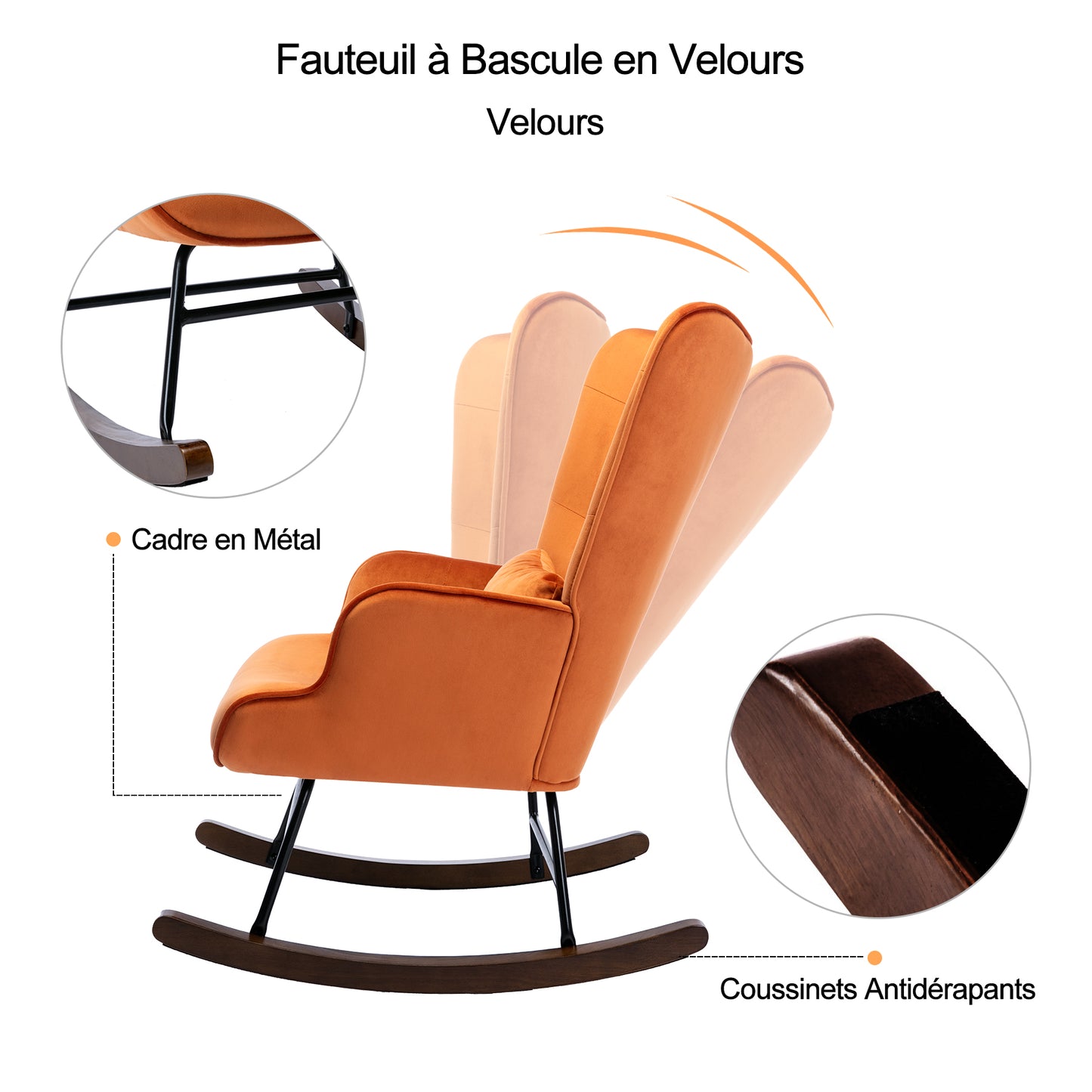 Fauteuil à Bascule  Rembourré en Velours Moderne  pour Salon, Chaise à Bascule à Dossier Haut avec Pieds en Bois, ORANGE