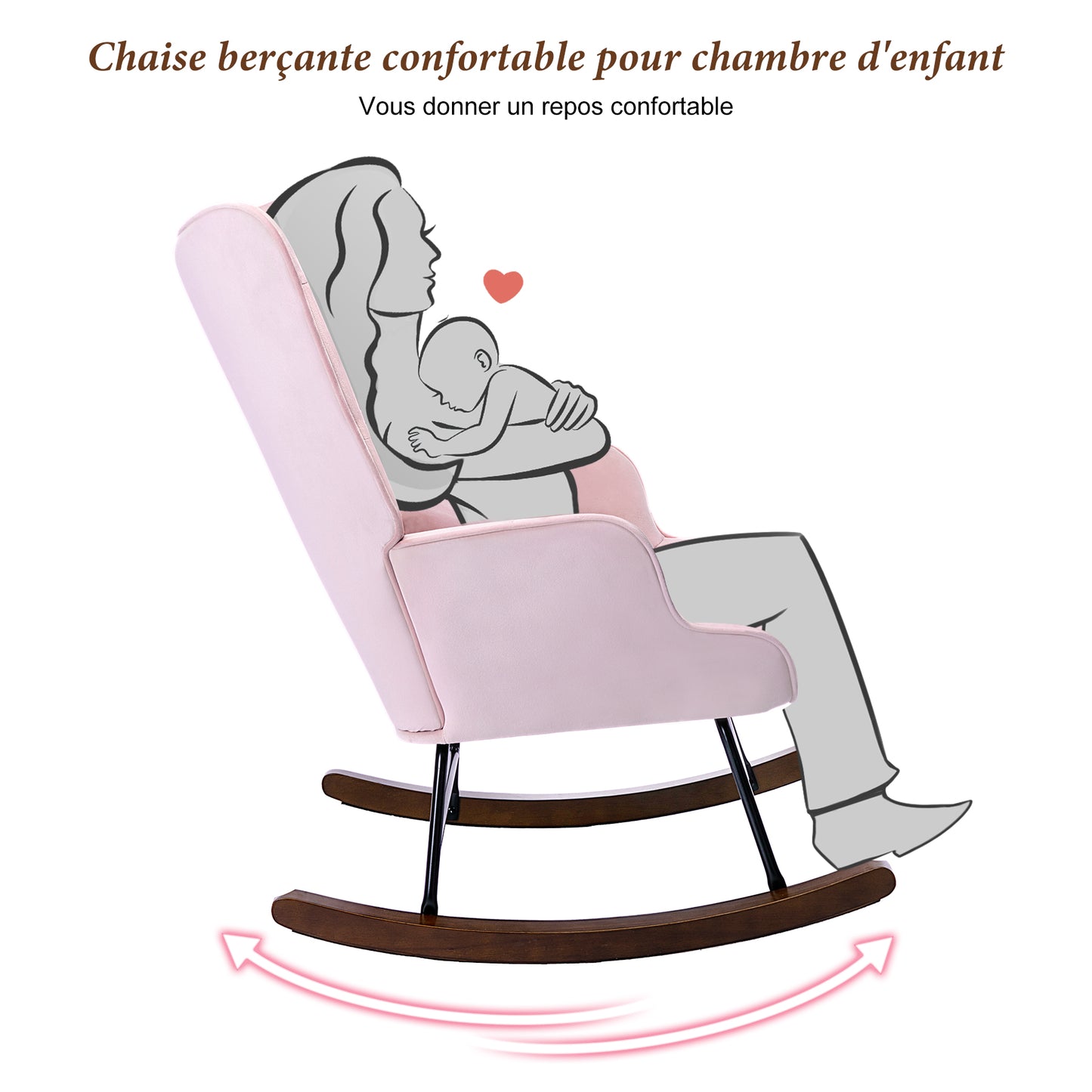 Fauteuil à Bascule  Rembourré en Velours Moderne  pour Salon, Chaise à Bascule à Dossier Haut avec Pieds en Bois, Rose