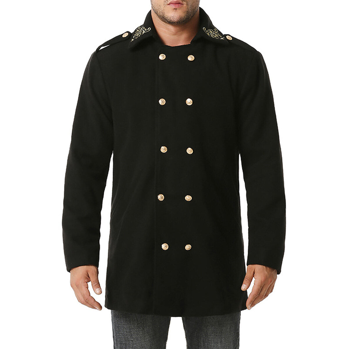 Youthup Mens Foil Stamping Print Lapel Wool Pea Coat