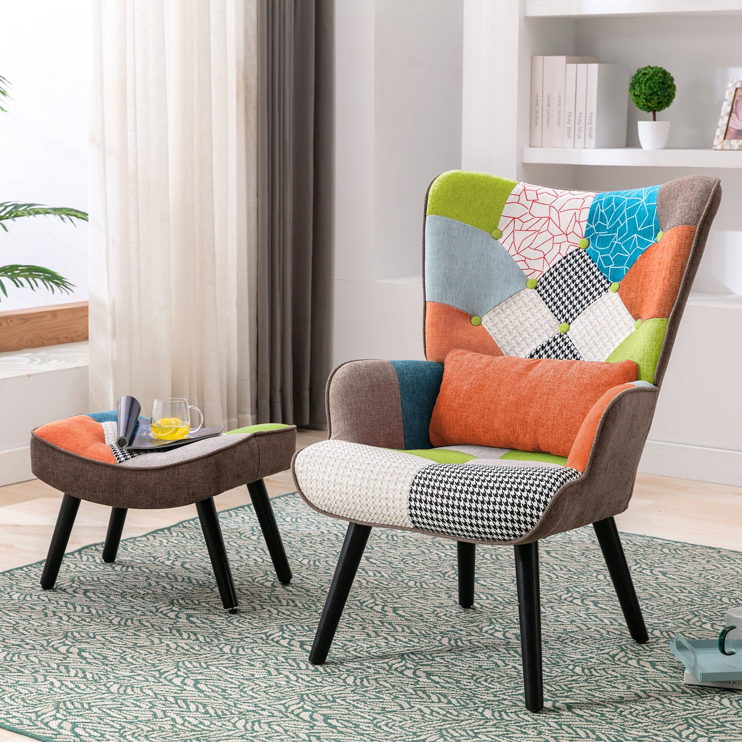 Fauteuil Patchwork Scandinave  avec pieds-repose, Oreiller lombaire  Pieds Bois Massif ,Salon Balcon Tissu en Lin  Multicolore