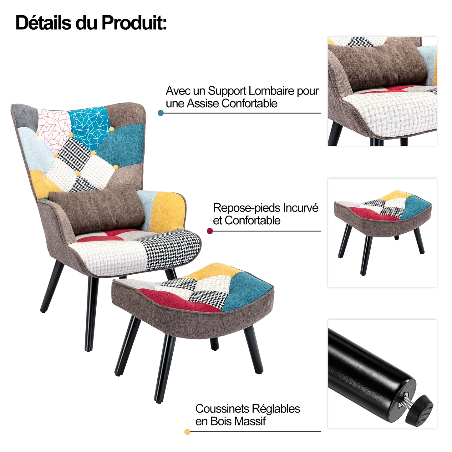 Fauteuil Patchwork Scandinave  avec pieds-repose, Oreiller lombaire  Pieds Bois Massif ,Salon Balcon Tissu en Lin  Multicolore