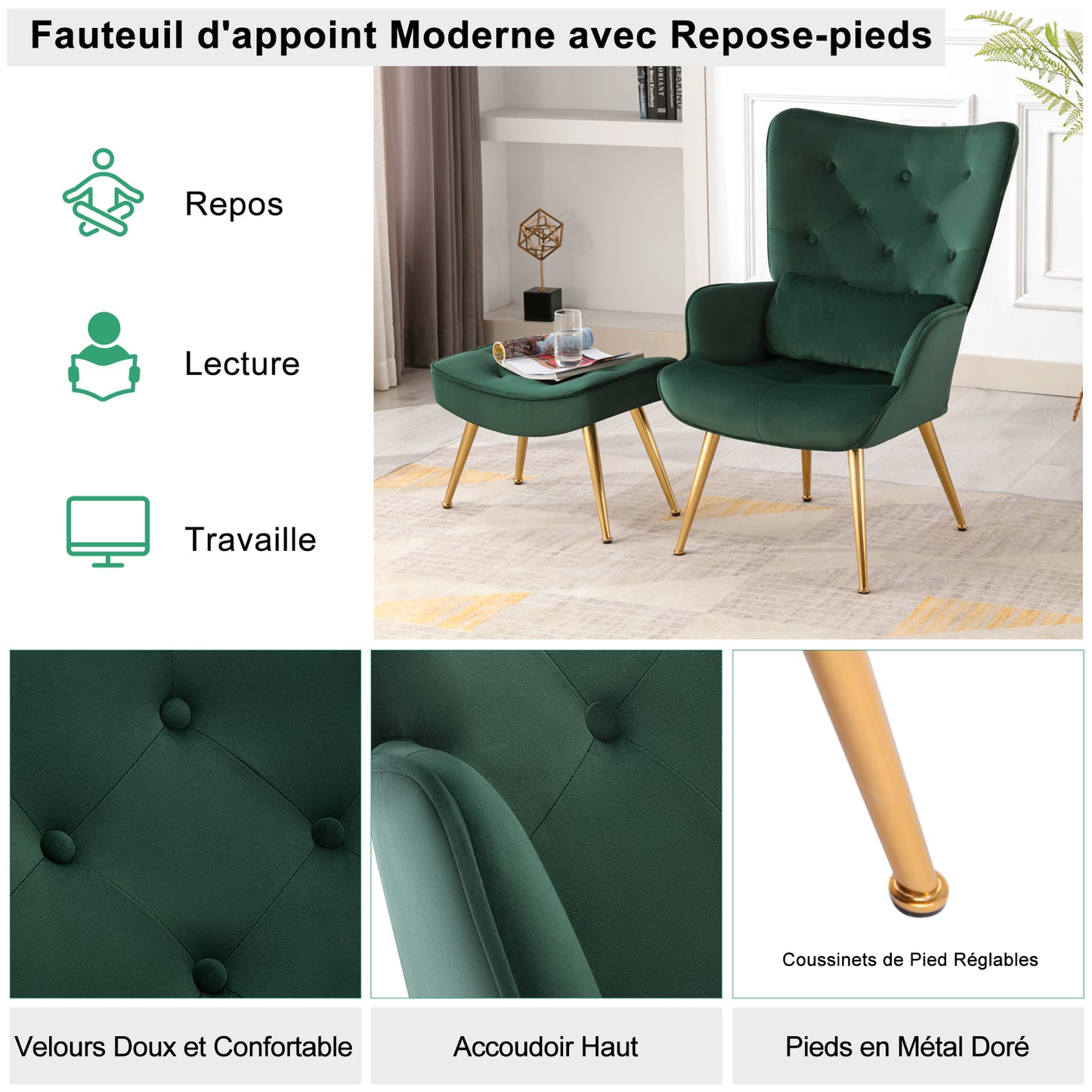 Fauteuil Scandinave avec Repose-Pieds,Support Lombaire et Pieds en Métal, Fauteuil Ergonomique Boutonnée de Dossier Vert Foncé