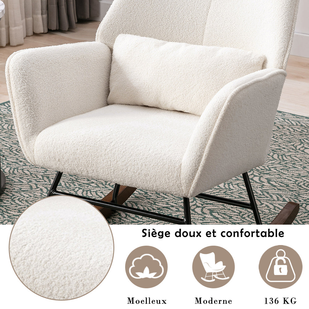 Fauteuil à Bascule en Laine d'agneau Fauteuil en Laine Moderne, Chaise à Bascule Confortable avec Pieds en Bois Massif  Beige