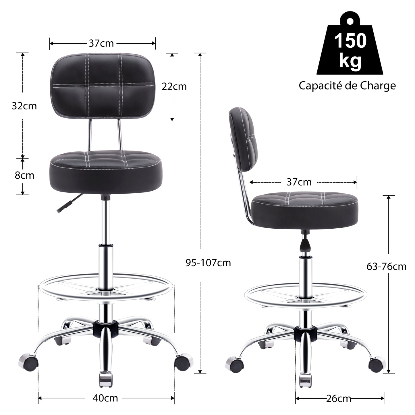 Tabouret roulettes avec Dossier et Anneau en Métal, Tabouret  Rotation à 360° Hauteur Réglable 63-76cm, Tabouret Ergonomique Noir