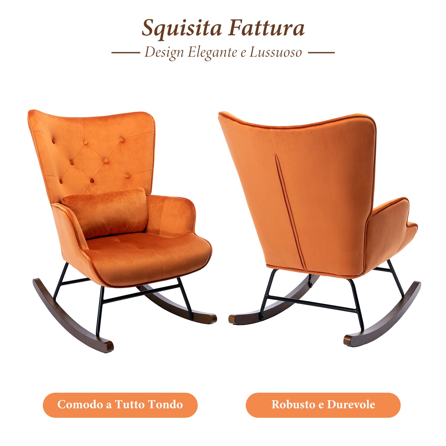 Fauteuil à Bascule  Rembourré en Velours Moderne  pour Salon, Chaise à Bascule à Dossier Haut avec Pieds en Bois, ORANGE