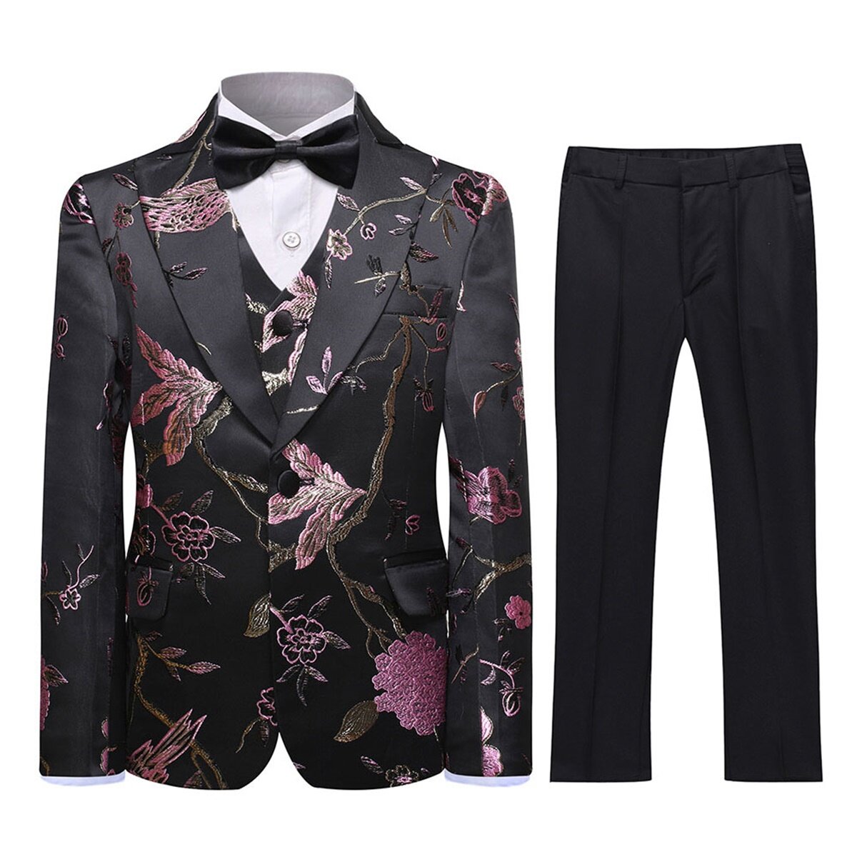 Youthup Boys 3-Pce Dress Suit Peaked Lapel Gold Thread Embroidery Blazer Vest Pants