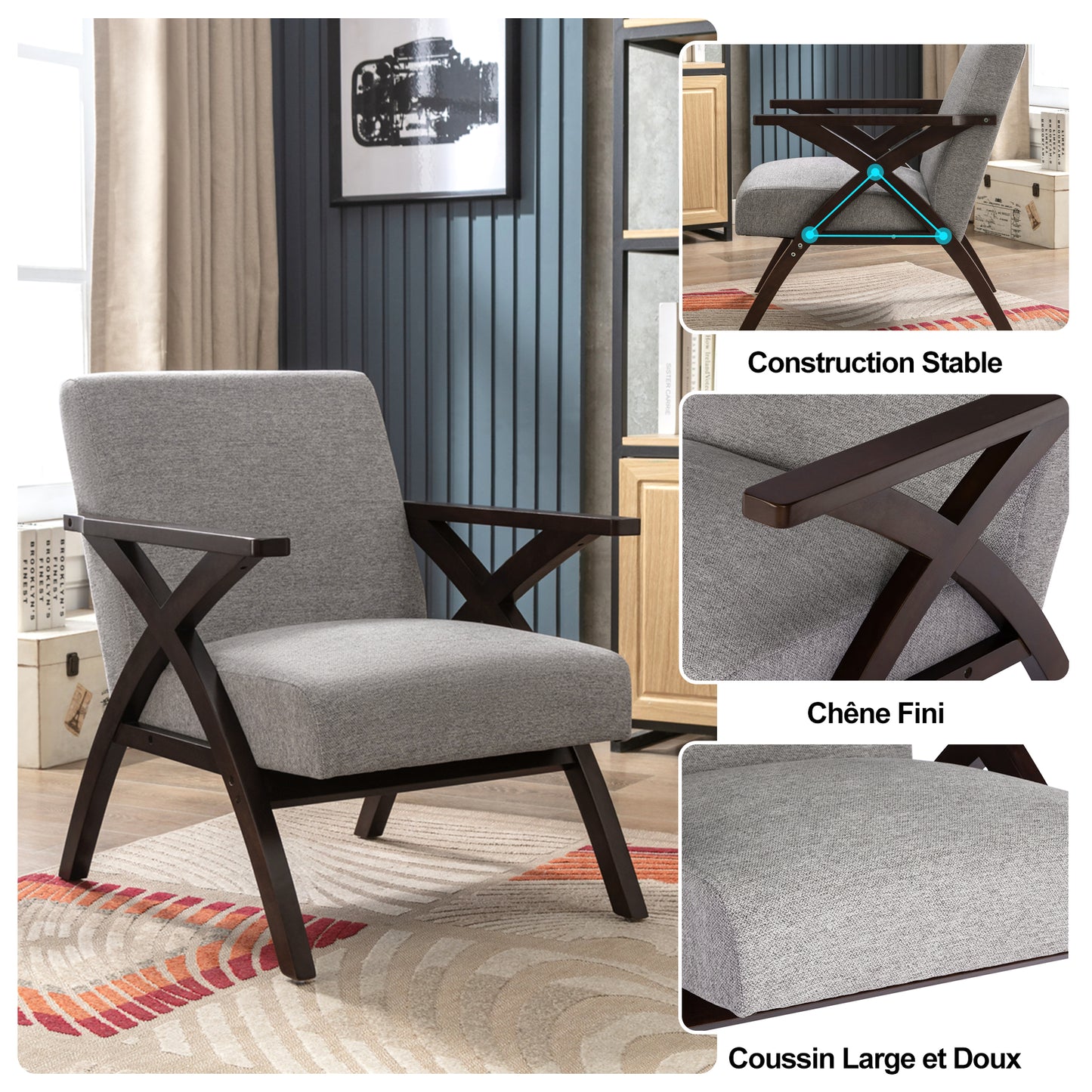 Fauteuil en Bois Massif  Fauteuil avec Conception d'Accoudoir en Forme X, Dossier Ergonomique pour bureau,chambre,salon, Gris