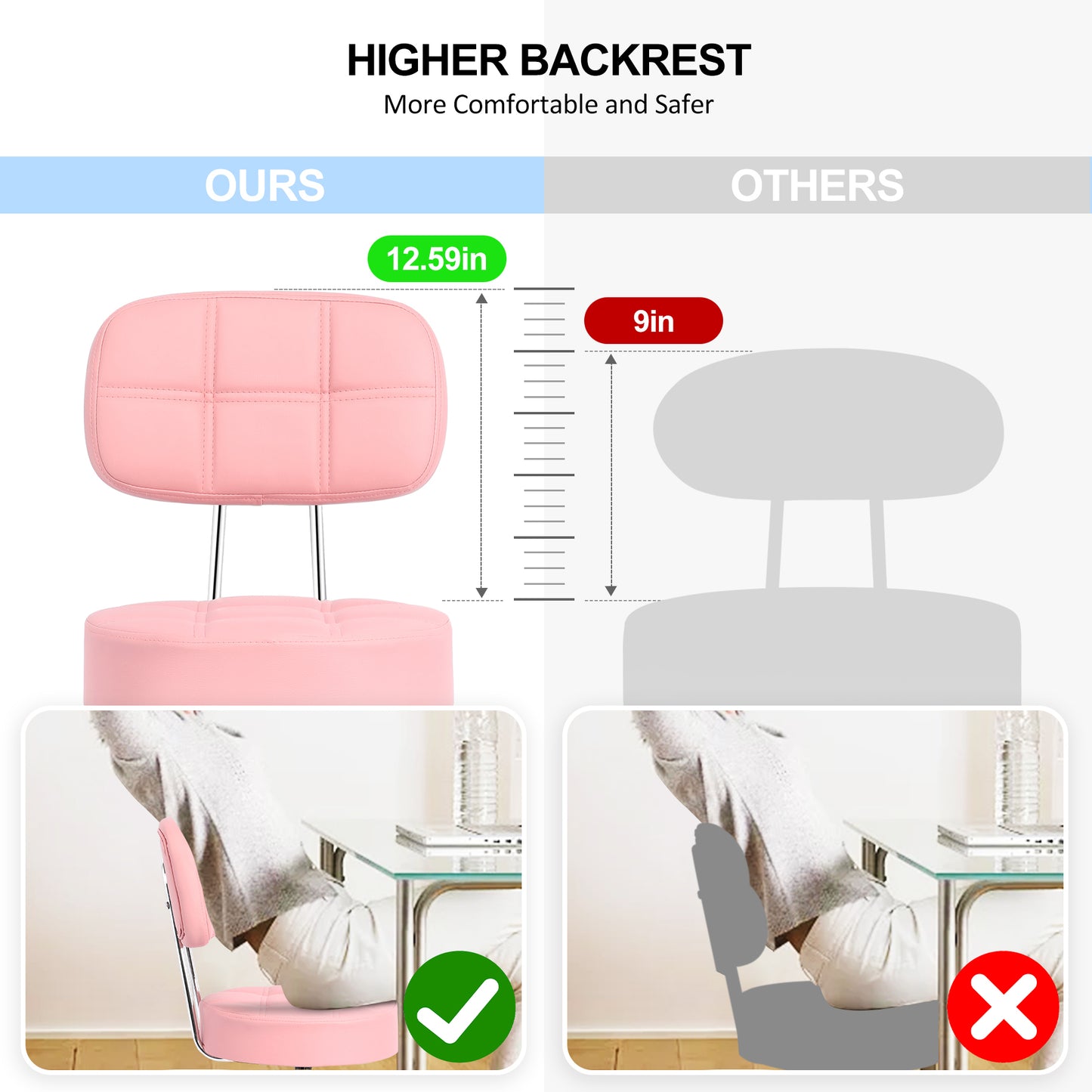 Tabouret de Bar Rond à roulettes Pivotant 360° de Massage  EN HAUTEUR REGLABLE pour SPA ,Salon ,Salle ,Médicale Rose