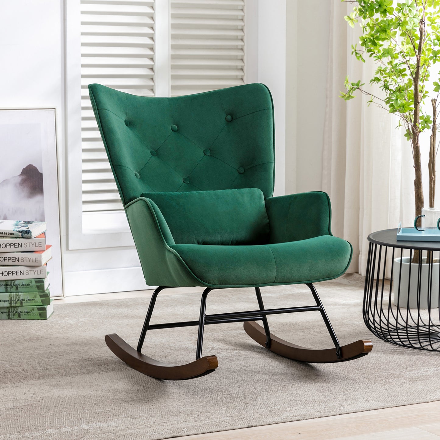 Mecedora mecedora de terciopelo con estructura de metal y base de madera silla tapizada para sala de estar sillón retro ocio silla de relajación para dormitorio habitación infantil verde