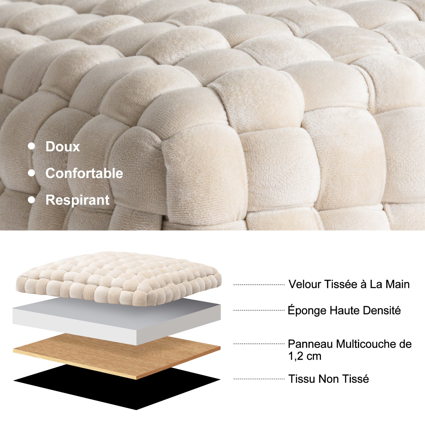 Pouf ottoman bout de canapé repose pieds tabouret avec base en métal doré, processus de tissage à la main