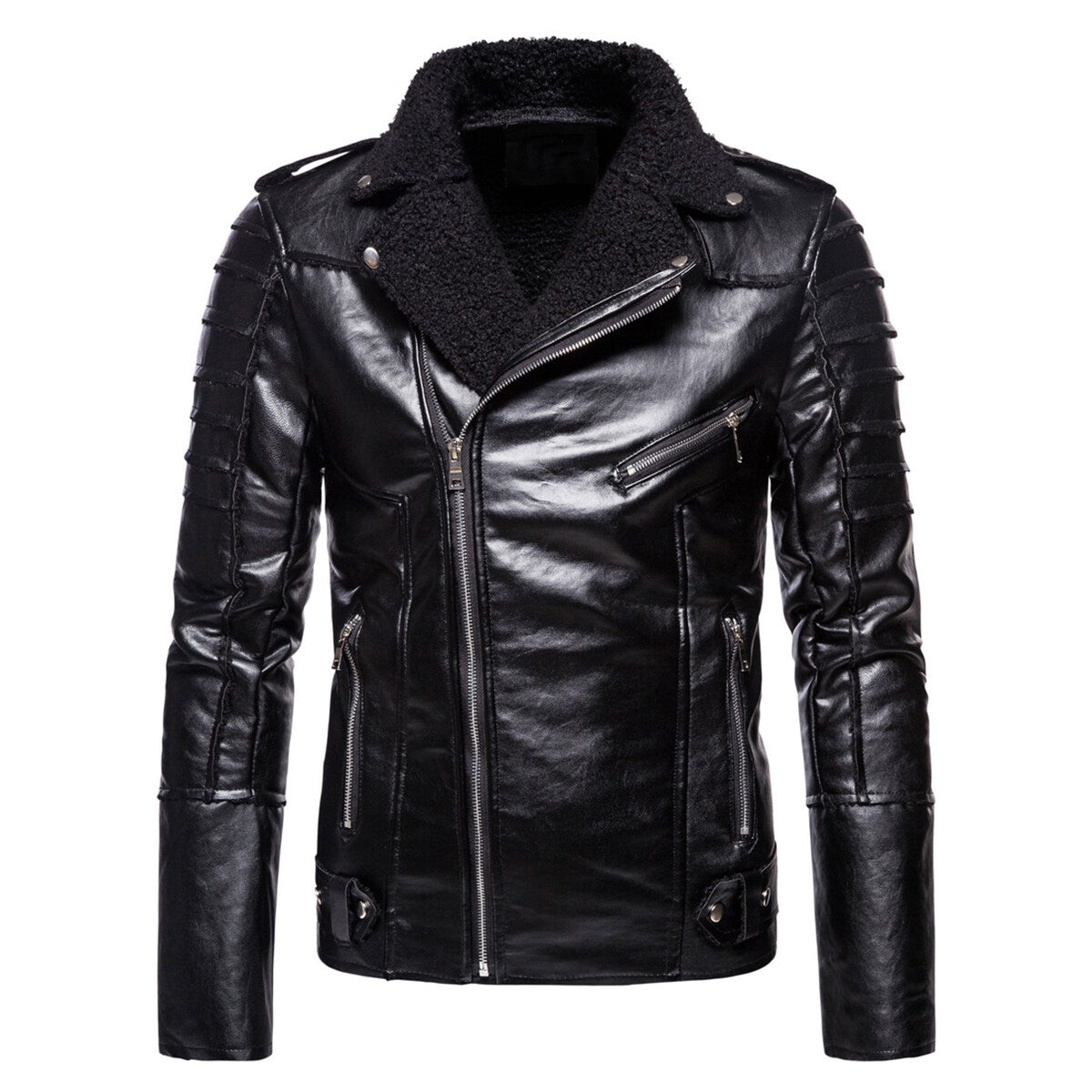 Youthup Mens Plus Velvet Lapel Leather Jacket