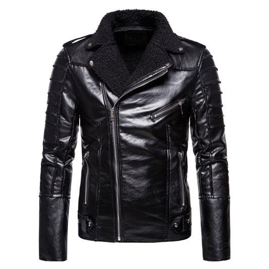 Youthup Mens Plus Velvet Lapel Leather Jacket