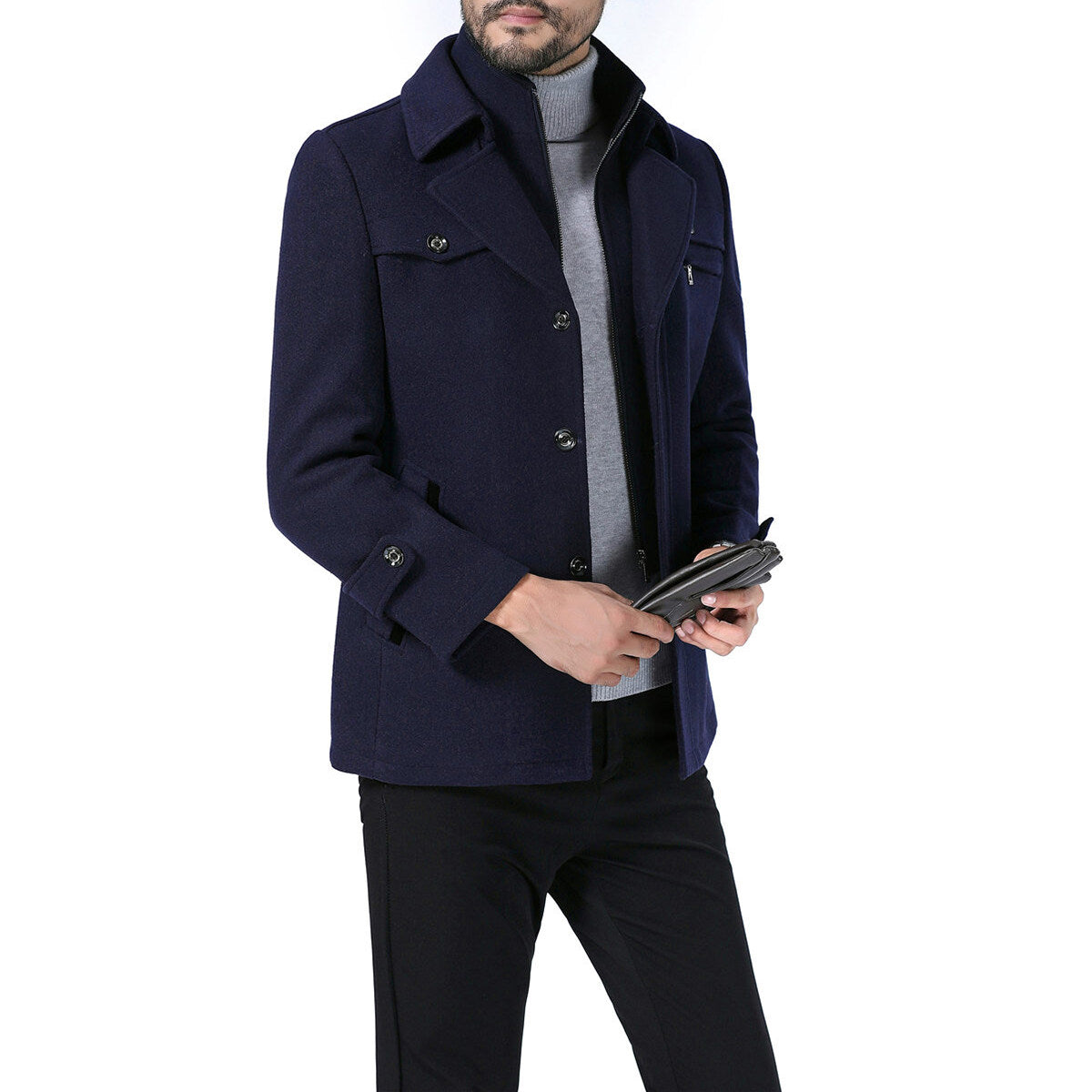 Youthup Mens Short Overcoat Fake Two-Piece Wool Jacket