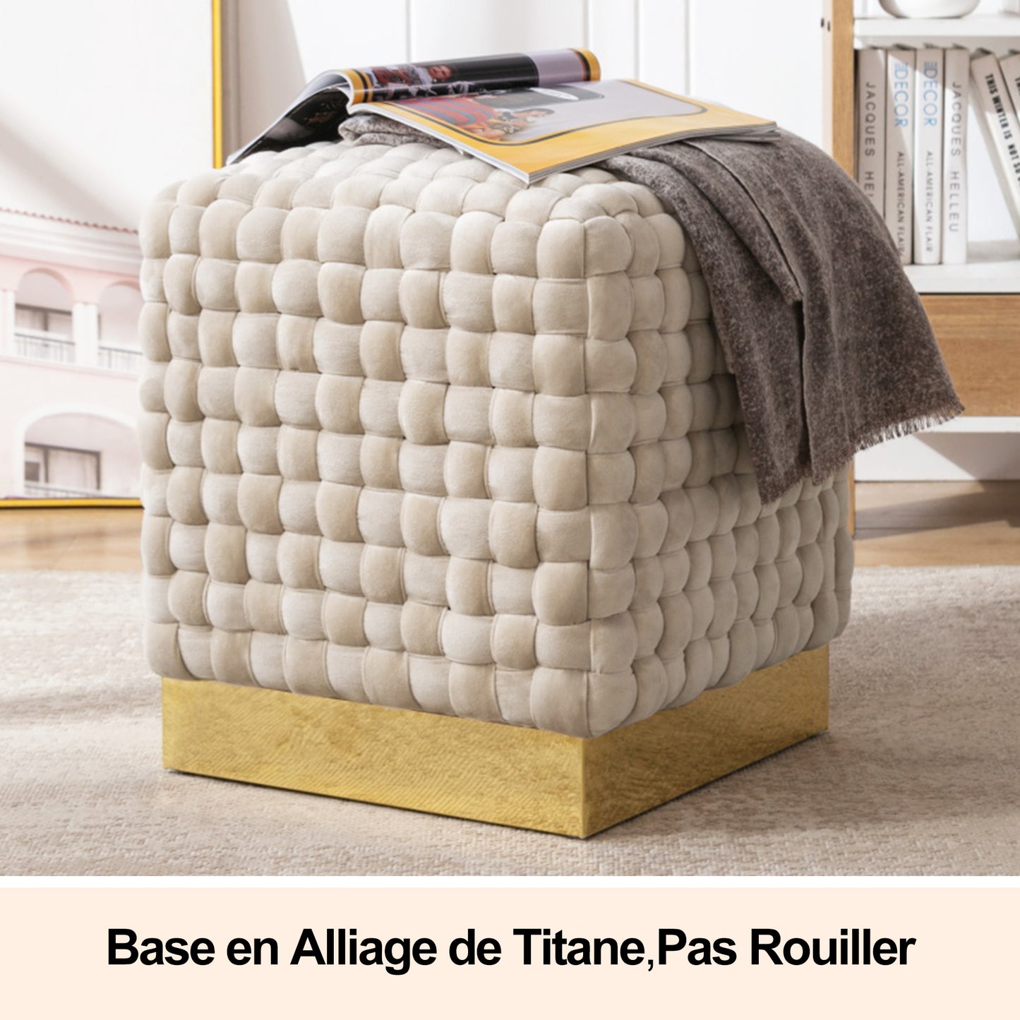 Pouf ottoman bout de canapé repose pieds tabouret avec base en métal doré, processus de tissage à la main