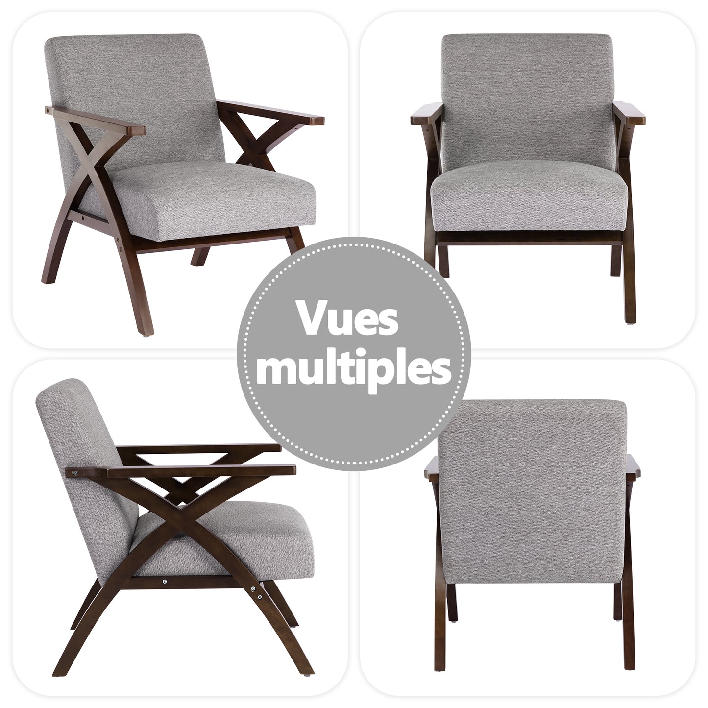 Fauteuil en Bois Massif  Fauteuil avec Conception d'Accoudoir en Forme X, Dossier Ergonomique pour bureau,chambre,salon, Gris