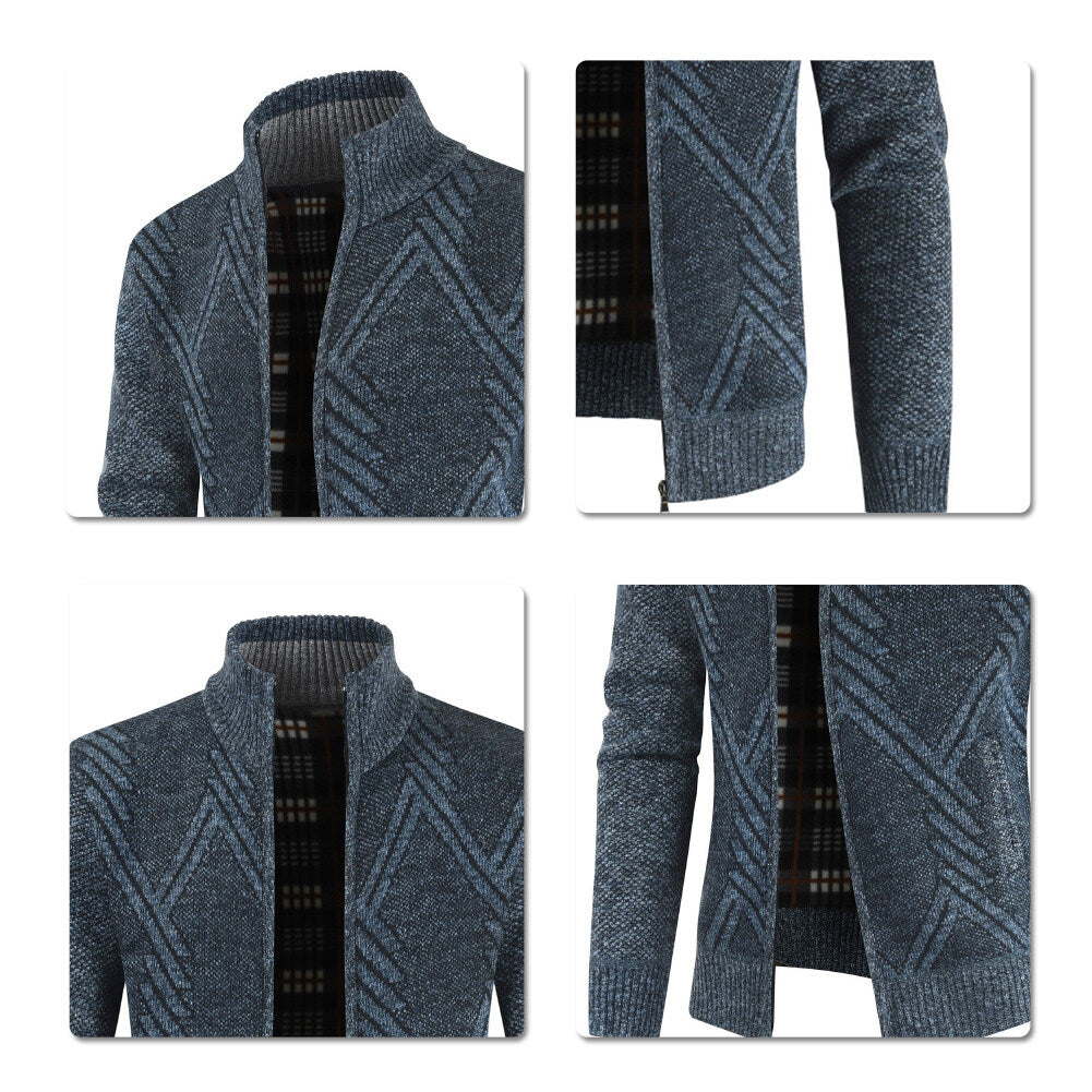 Youthup Mens Fleece Stand Collar Geometric Pattern Knitted Cardigan