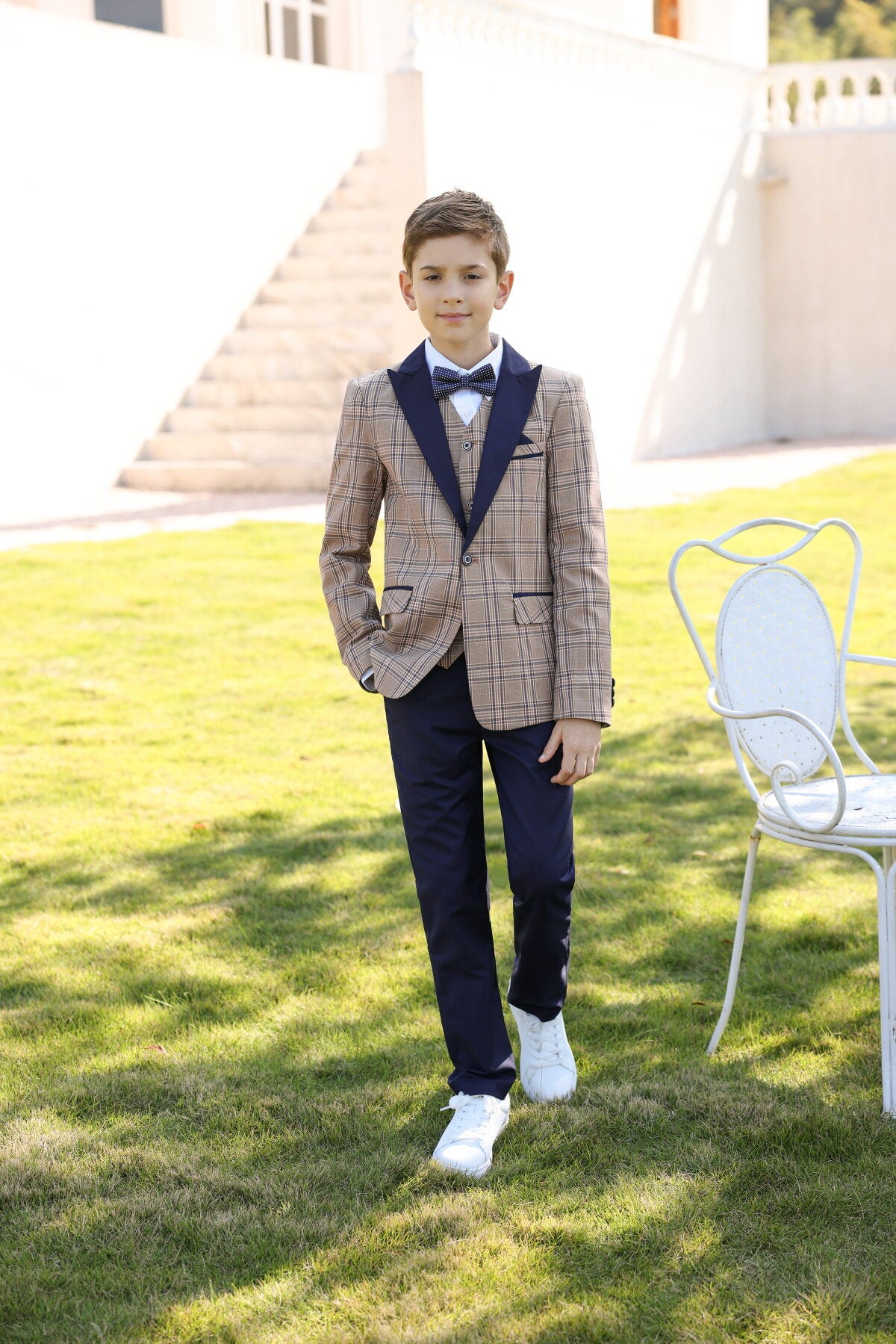 Youthup Boys 3Pce Plaid Peaked Lapel Tuxedo Wedding Party Suit Set