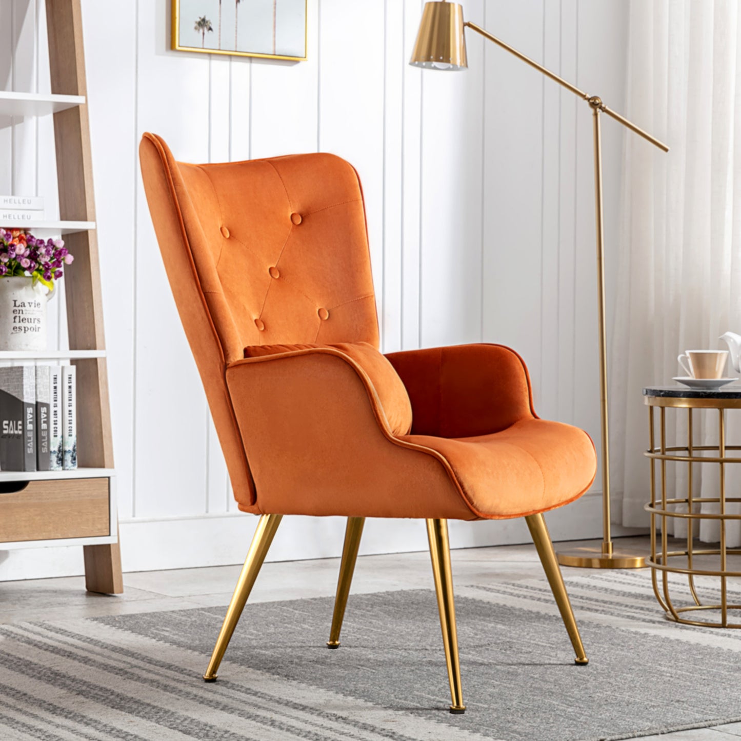 Fauteuil de Salon Scandinave avec Oreiller Lombaire Fauteuil Style Moderne en Tissu Velours pour Salon, Chambre Caramel