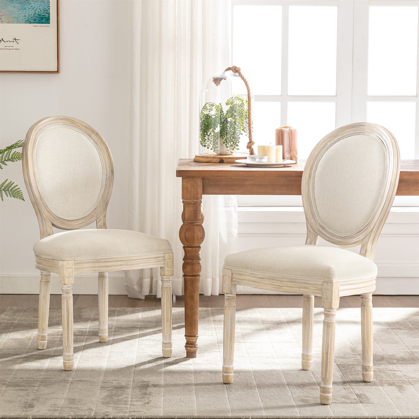 Chaise Médaillon Lot de 2, Chaise de Salle à Manger de Style Louis-XVI en Tissu Lin, Chaises de Dîner Dossier Doux , Beige