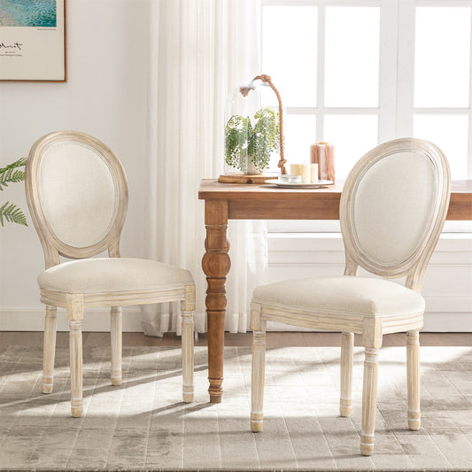 Chaise Médaillon Lot de 2, Chaise de Salle à Manger de Style Louis-XVI en Tissu Lin, Chaises de Dîner Dossier Doux , Beige