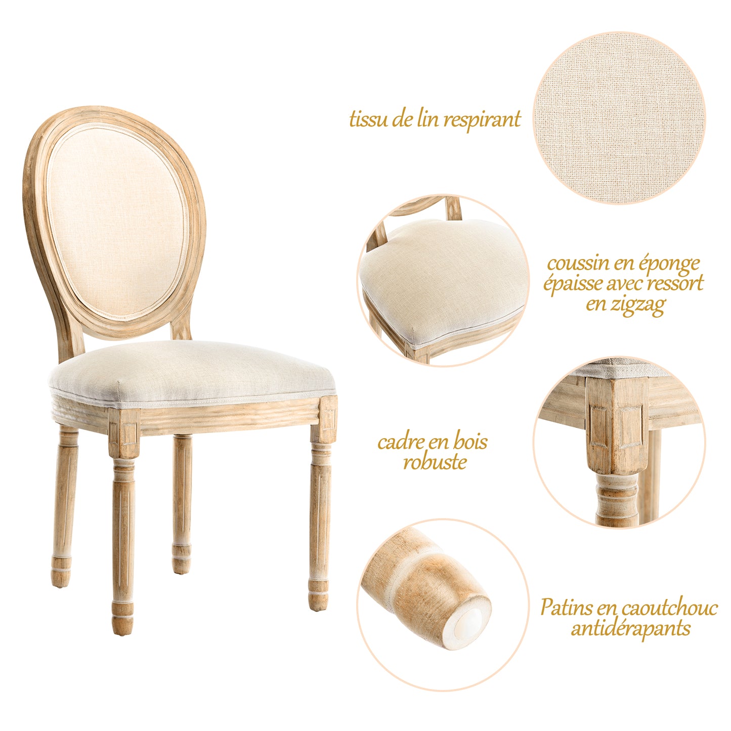 Chaise Médaillon Lot de 2, Chaise de Salle à Manger de Style Louis-XVI en Tissu Lin, Chaises de Dîner Dossier Doux , Beige