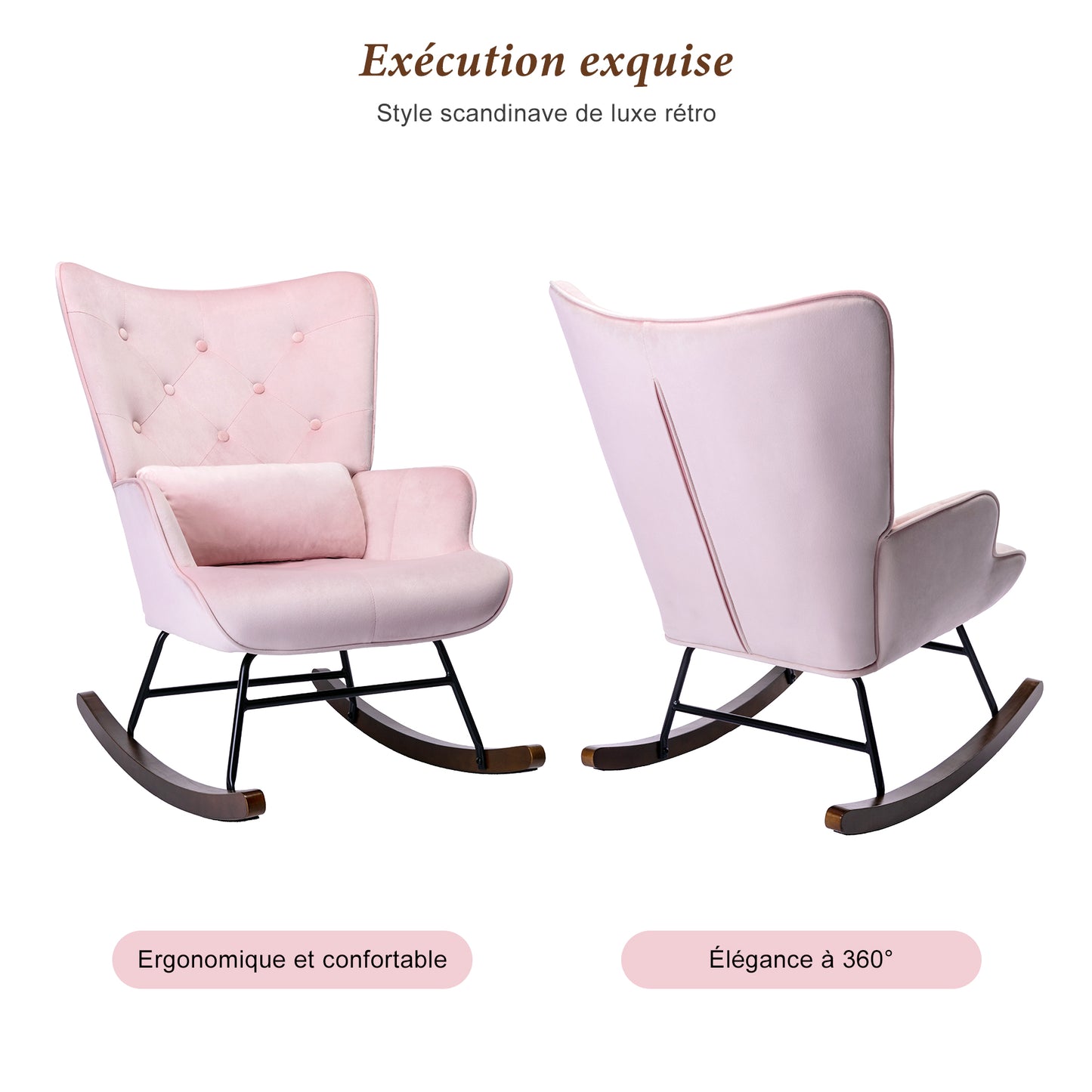 Fauteuil à Bascule  Rembourré en Velours Moderne  pour Salon, Chaise à Bascule à Dossier Haut avec Pieds en Bois, Rose