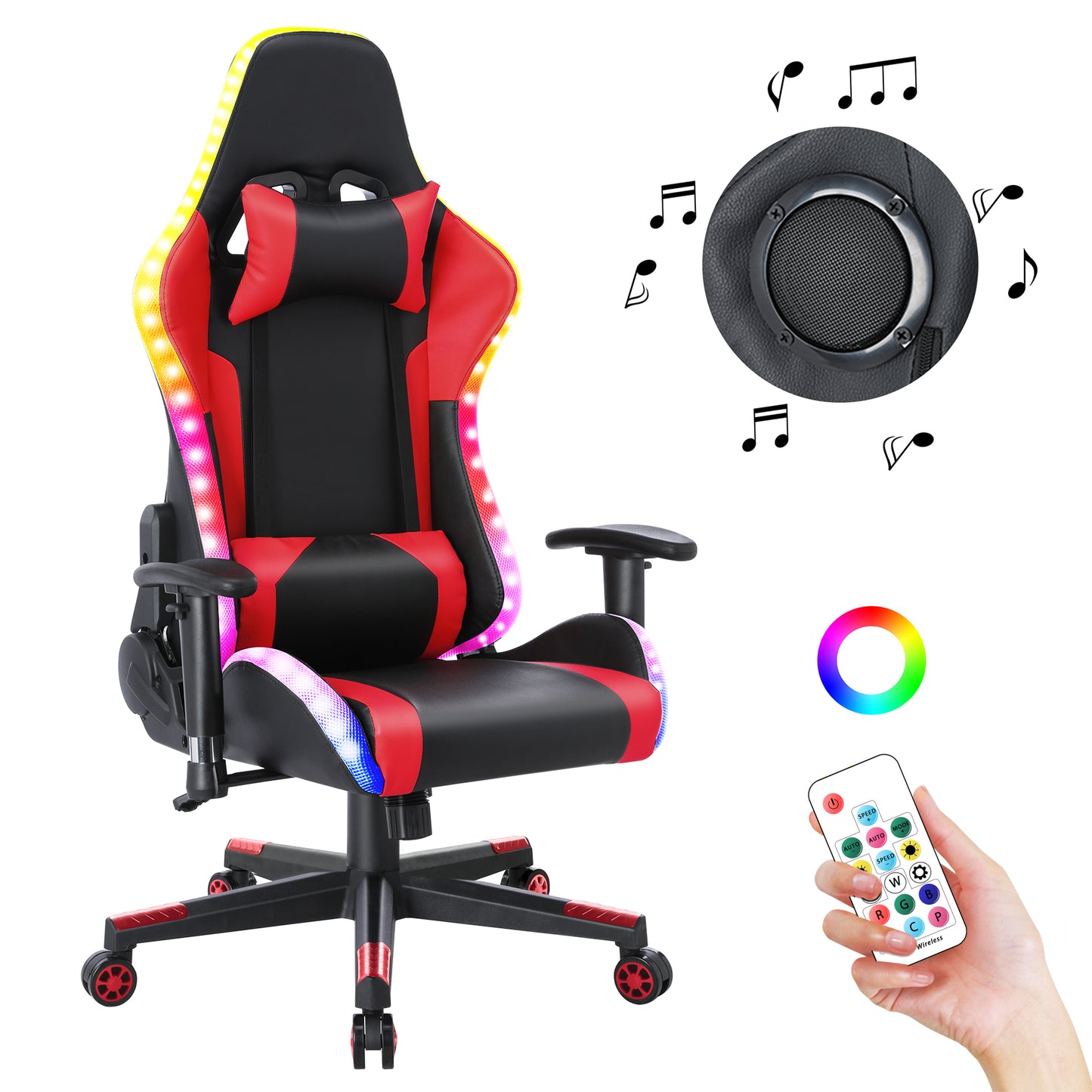 Chaise Gaming  avec  lumière LED et Bluetooth  Fauteuil Gamer avec  haut-parleurNoir et rouge