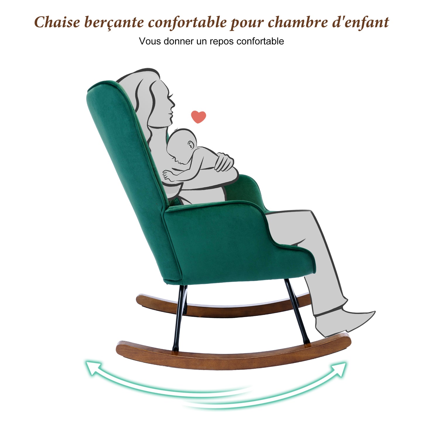 Fauteuil à Bascule  Rembourré en Velours Moderne  pour Salon, Chaise à Bascule à Dossier Haut avec Pieds en Bois, Vert Foncé