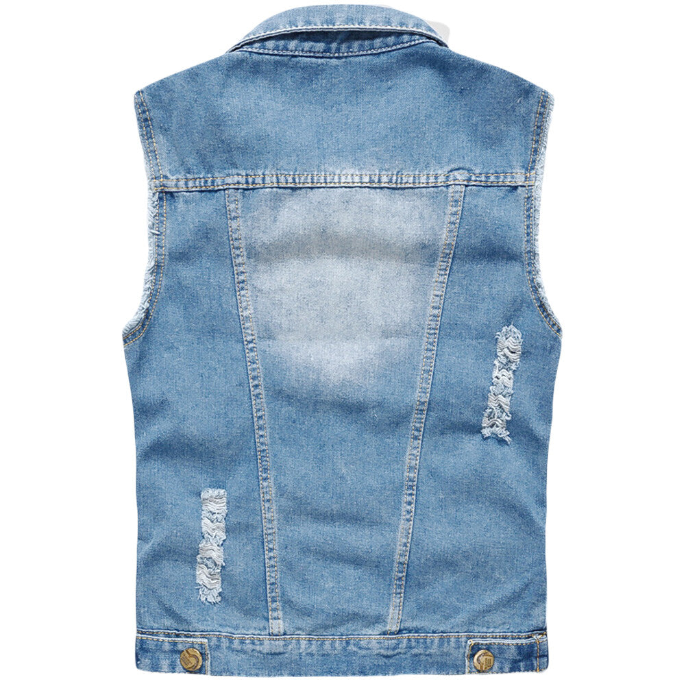 Youthup Mens Ripped Brushed Denim Sleeveless Jacket