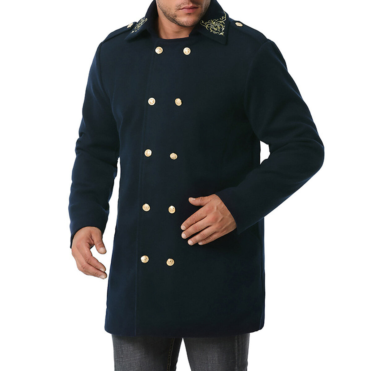 Youthup Mens Foil Stamping Print Lapel Wool Pea Coat