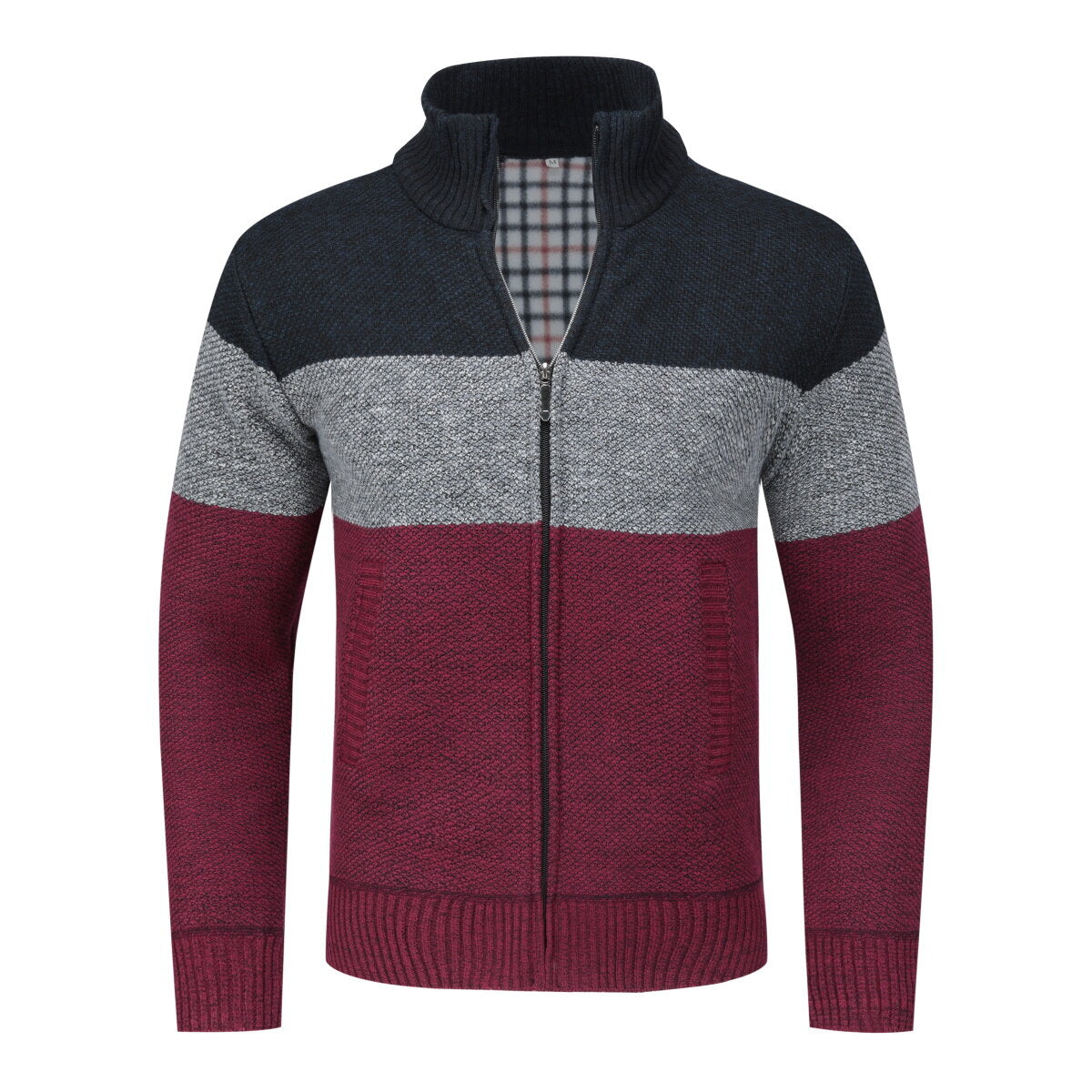Youthup Mens Stand Collar Sweater Color Block Knit Cardigan