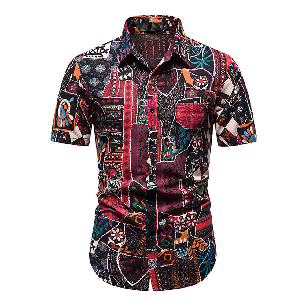 Youthup Mens Ethnic Style Printed Short Sleeve Shirt