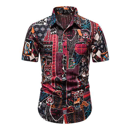 Youthup Mens Ethnic Style Printed Short Sleeve Shirt