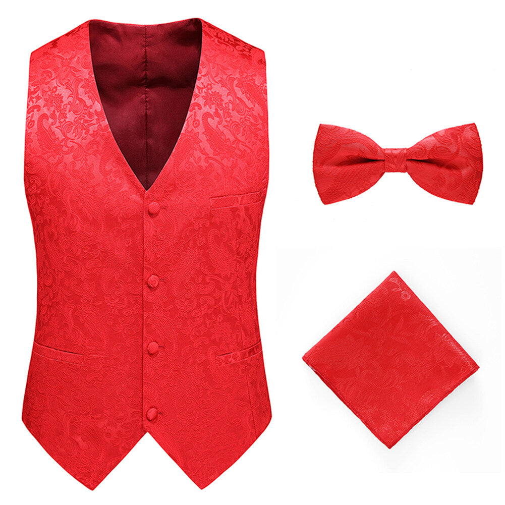 Youthup Mens 3Pce Paisley Dress Vest and Bow Tie Set and Pocket Square